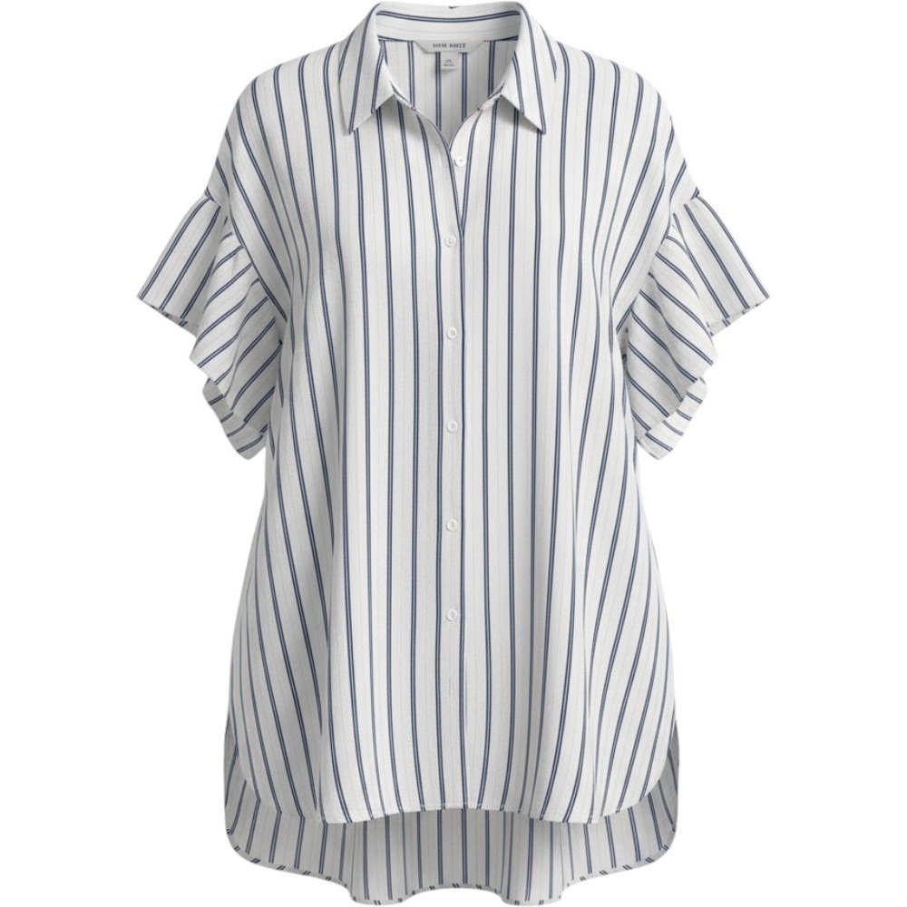 Nine West Womens XXL Blue White Striped Ruffle Sleeve Button Down Blouse